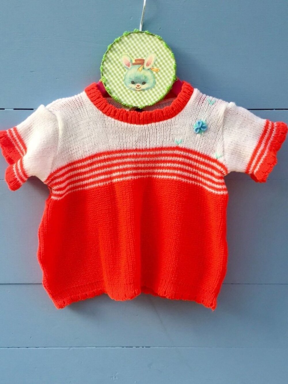 Vintage Baby Girl Sweater Handmade Orange White Striped Knit Floral Top